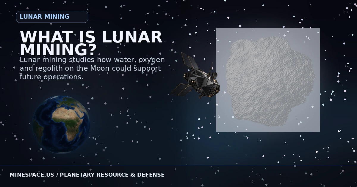 Illustrative MineSpace universe with Earth and asteroid; lunar resources are discussed in the article, not depicted as a live mine